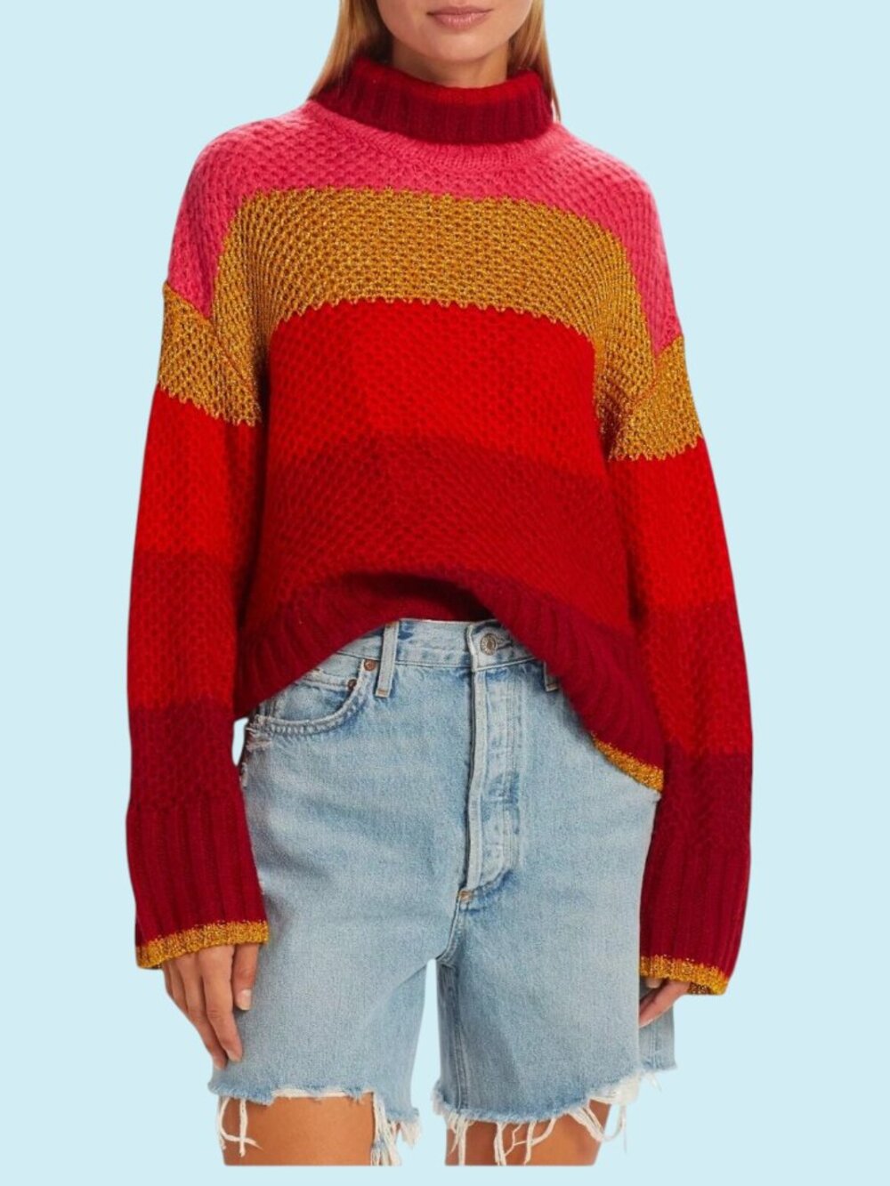 Farm Rio Shiny Stripes Sweater Large Red Multicolor Knit Turtleneck Boho Preppy